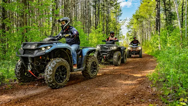 Riders on UTVs along a wooded Lake City trail